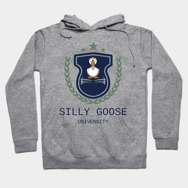 Silly Goose University - Angry Cartoon Goose Blue Emblem With Green Details Hoodie by Double E Design